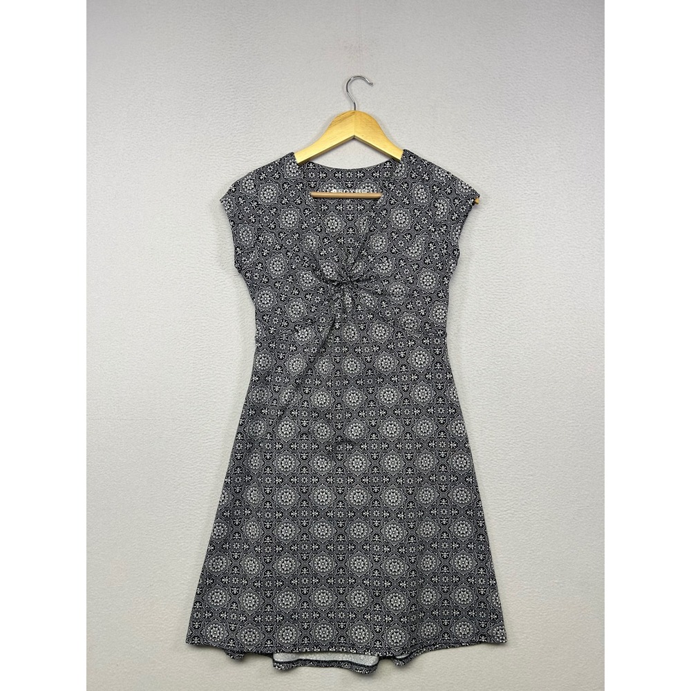 Boho Mandala Geometric Soybu Womens XS Black White Cap Sleeve V-Neck Mini Dress